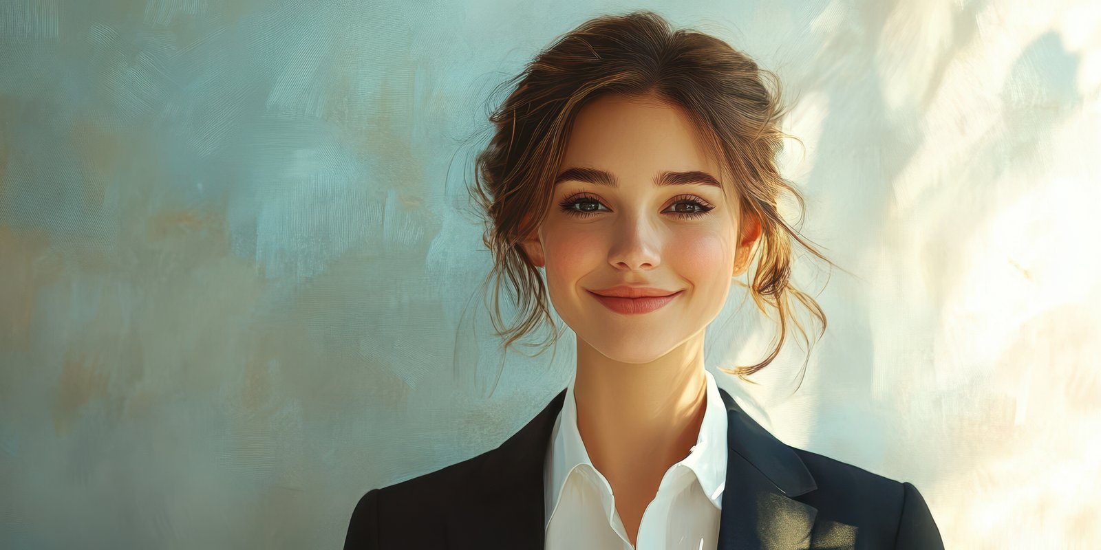 Smiling woman in professional attire poses confidently against a softly lit background